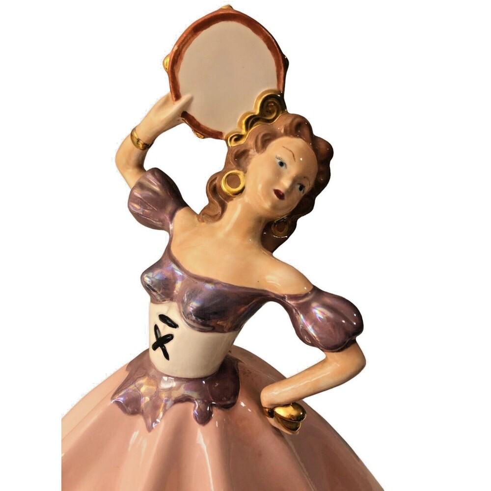 Vintage Dancing Lady Ceramic Statue w/Tamborine in Pink Hand Painted Glossy